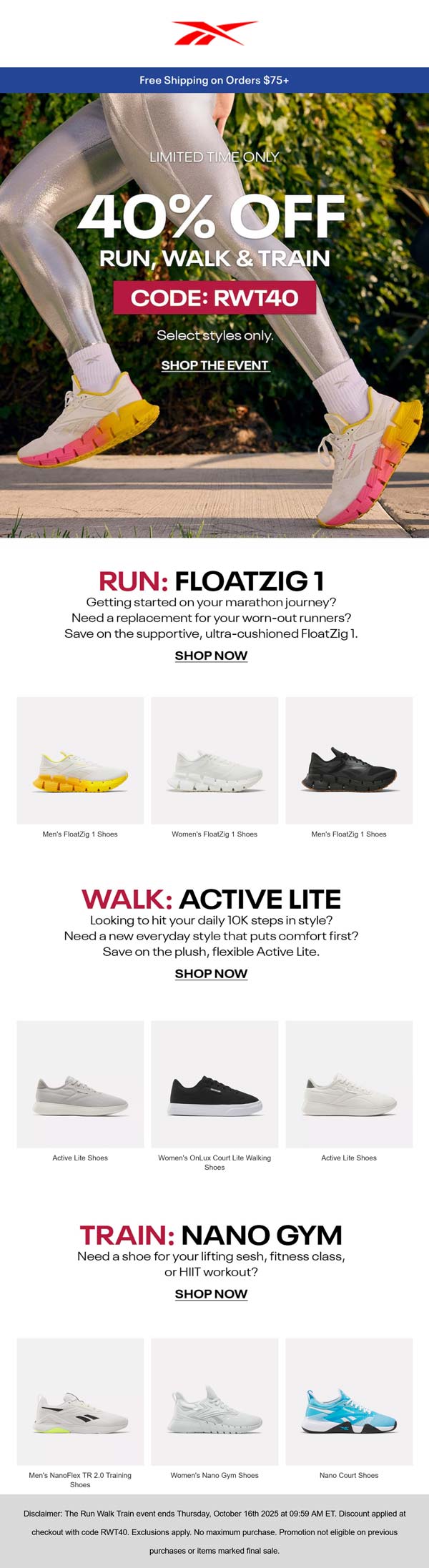 Reebok stores Coupon  40% off training styles at Reebok via promo code RWT40 #reebok 