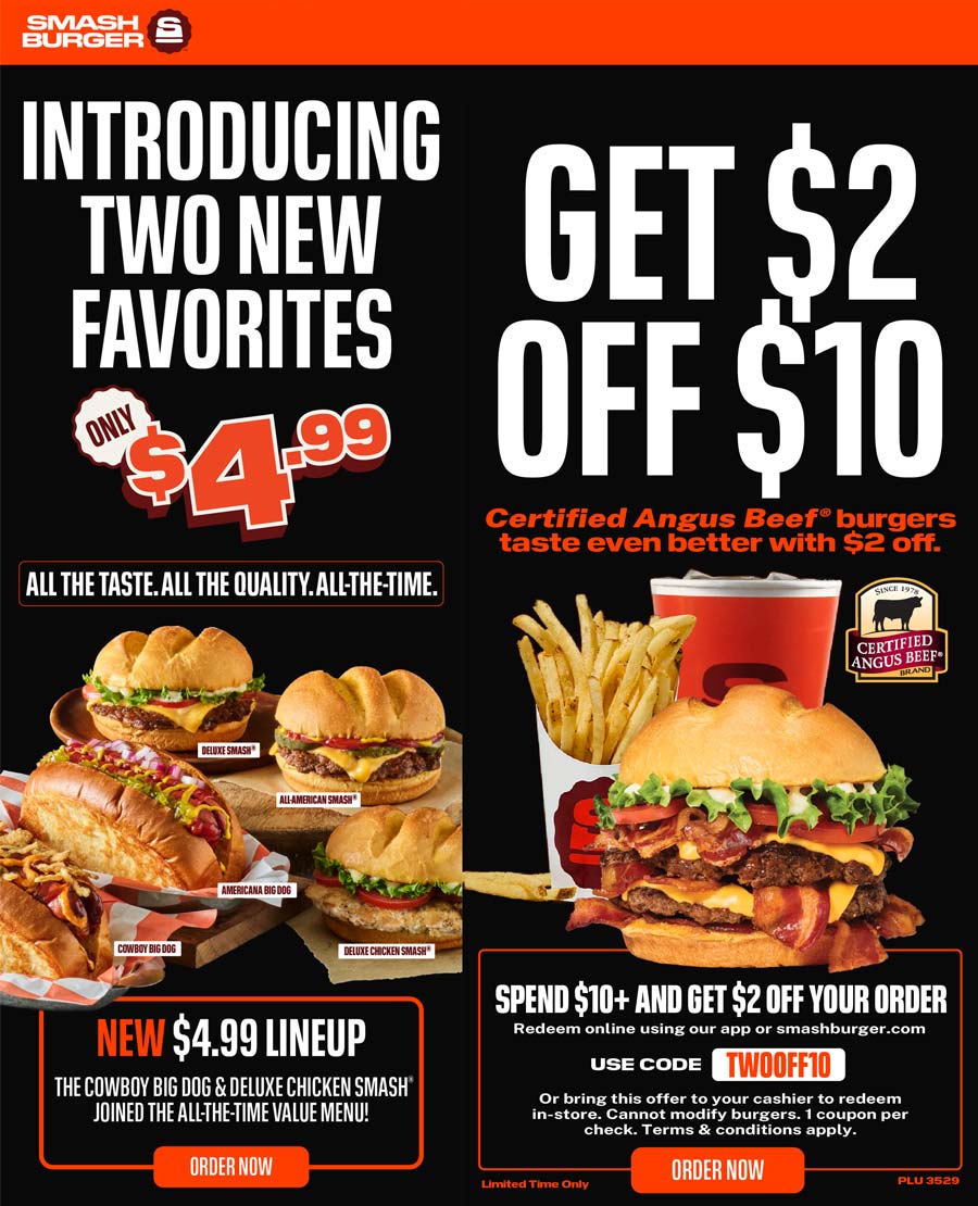 Smashburger stores Coupon  $2 off $10 & more at Smashburger restaurants, or online via promo code TWOOFF10 #smashburger 