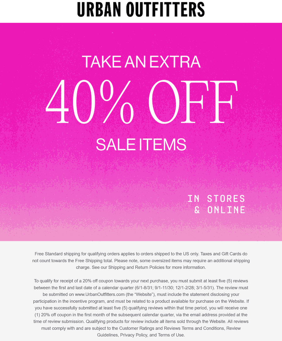Urban Outfitters stores Coupon  Extra 40% off sale items at Urban Outfitters #urbanoutfitters 