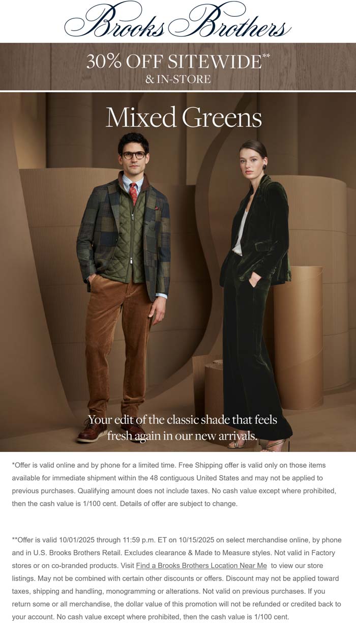 Brooks Brothers stores Coupon  30% off everything at Brooks Brothers, ditto online #brooksbrothers 