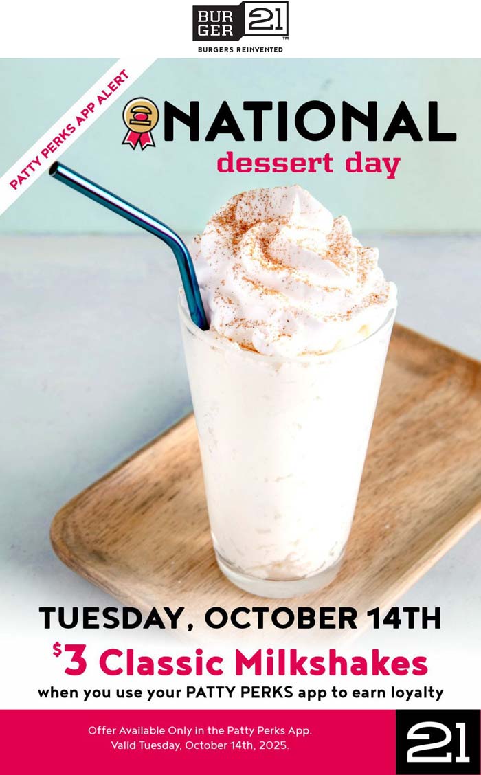 Burger 21 coupons & promo code for October 2025