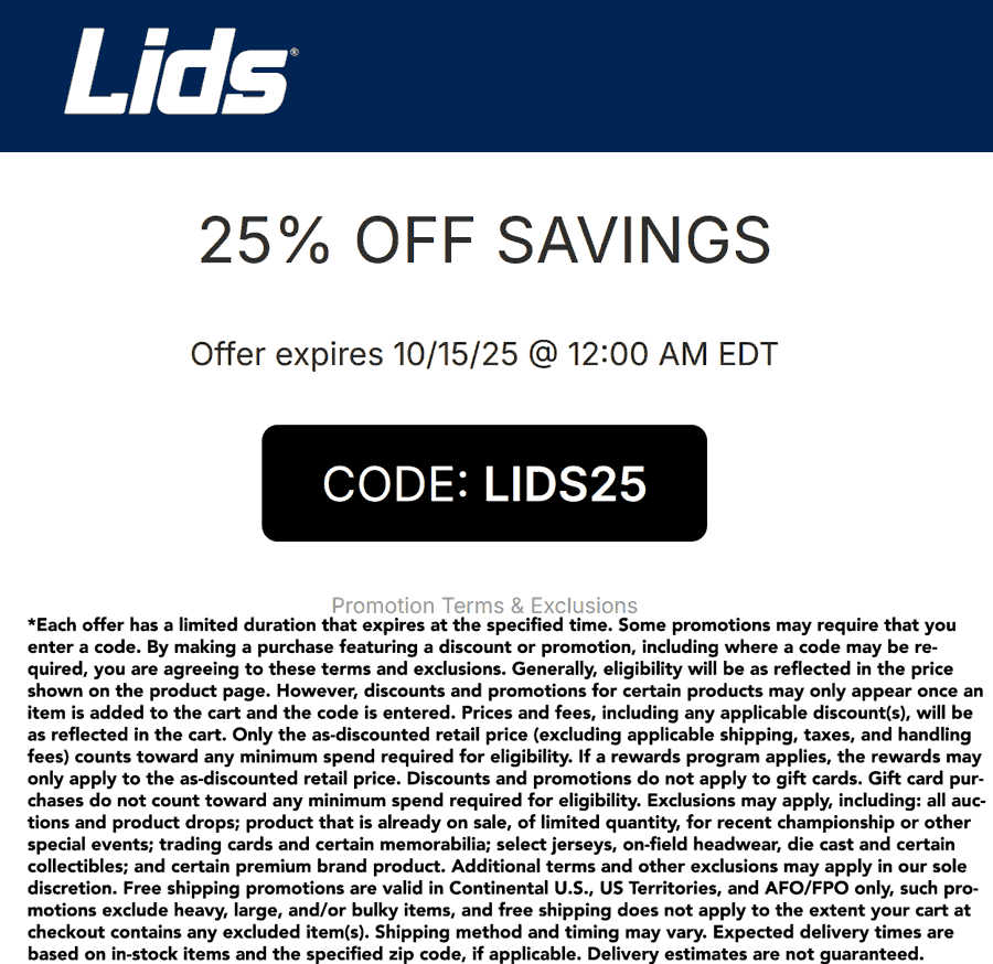 Lids coupons & promo code for October 2025