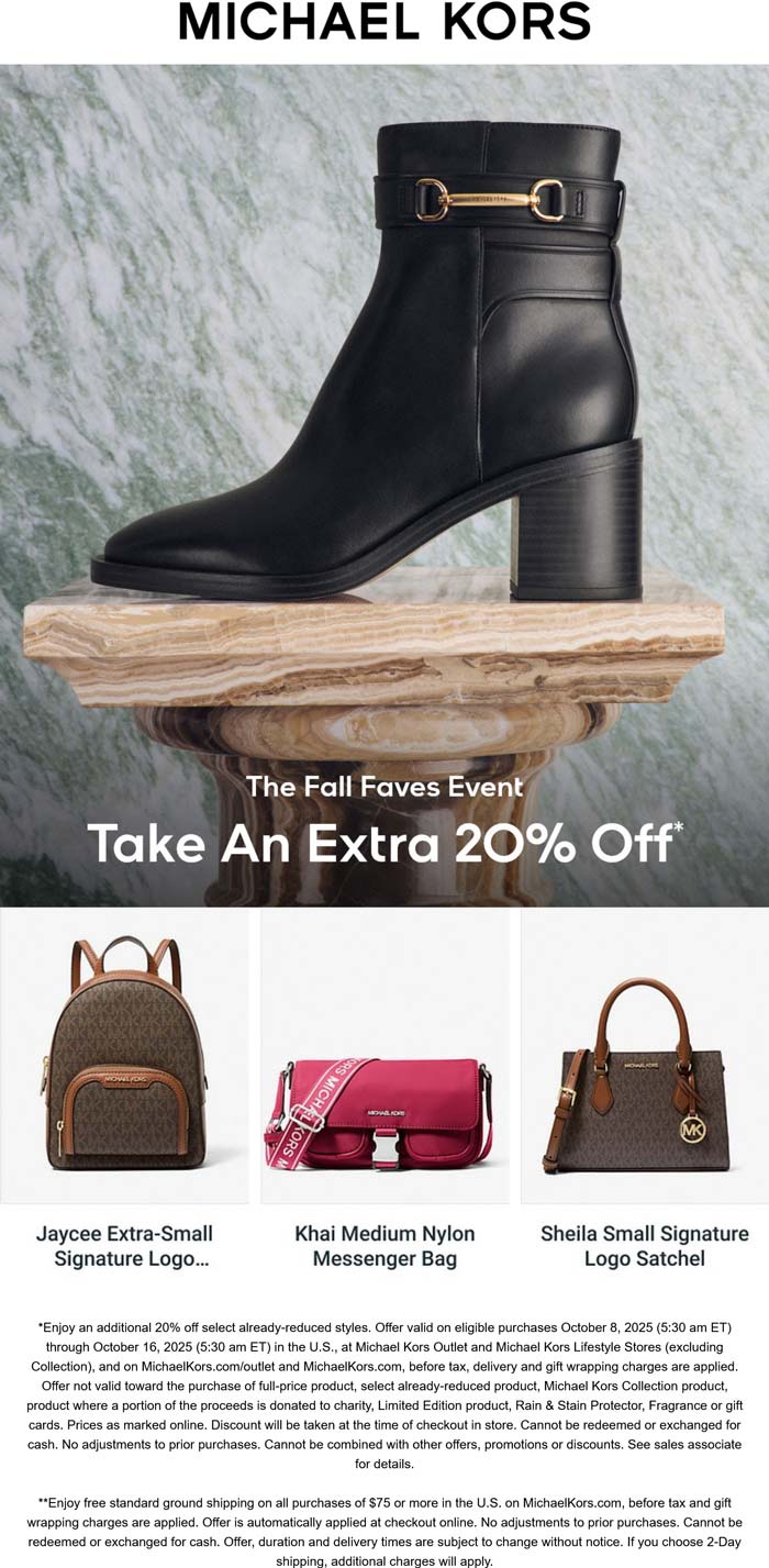 Michael Kors stores Coupon  Extra 20% off sale items at Michael Kors, ditto online #michaelkors 