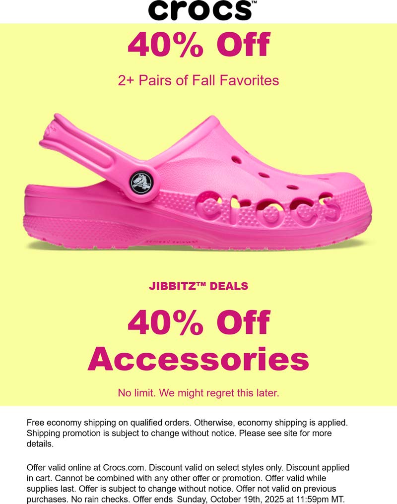 Crocs stores Coupon  40% off 2+ pairs online at Crocs #crocs 