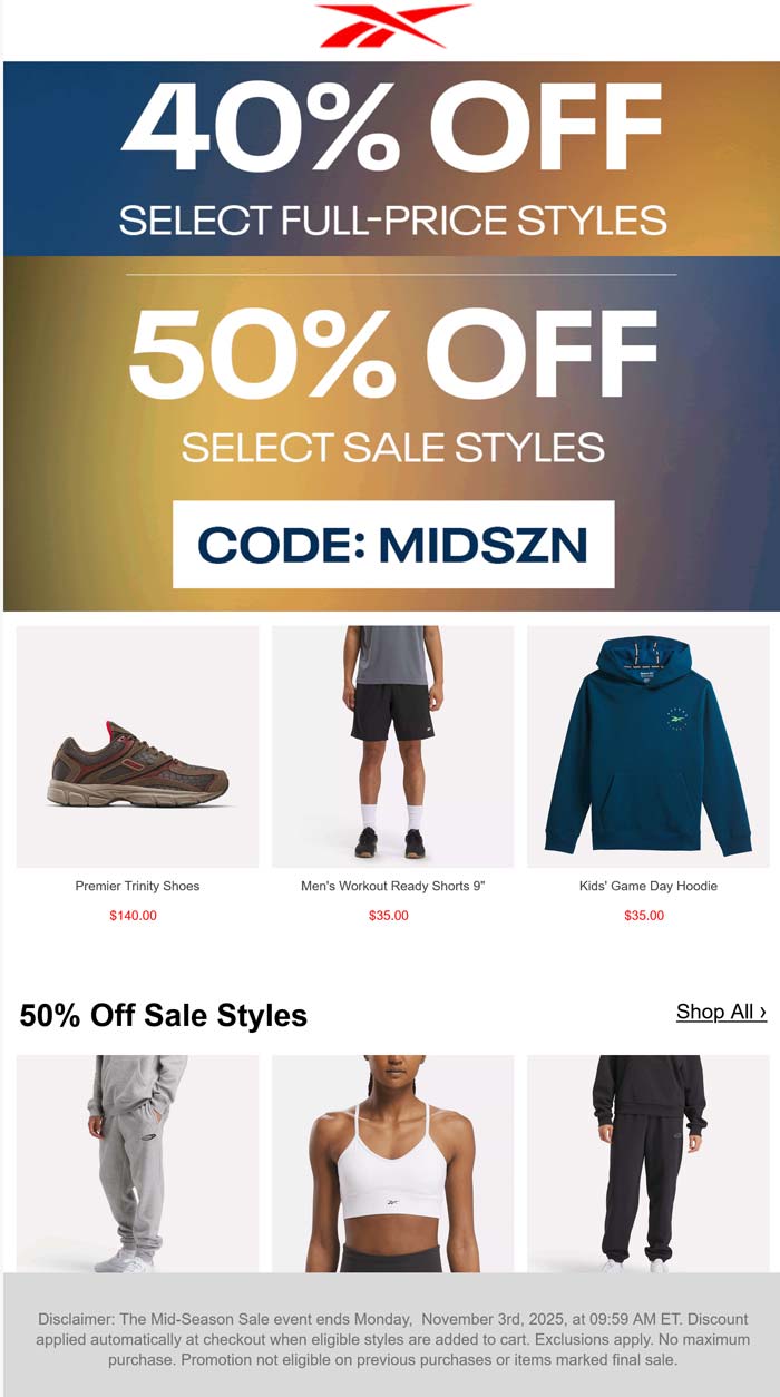 Reebok coupons & promo code for October 2025