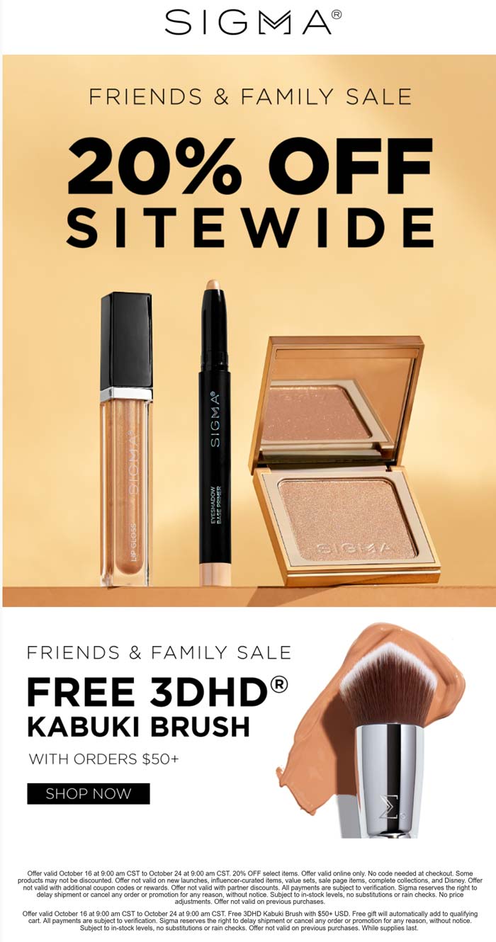 Sigma stores Coupon  20% off everything + free brush on $50+ online at Sigma beauty #sigma 