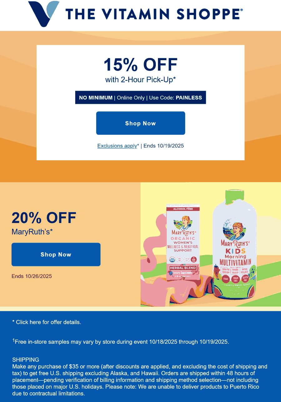 The Vitamin Shoppe stores Coupon  15% off at The Vitamin Shoppe via promo code PAINLESS #thevitaminshoppe 