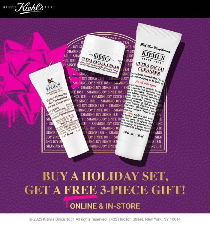 Kiehls Free 3pc with your holiday set at Kiehls, ditto online #kiehls  Kiehls stores Coupon  Free 3pc with your holiday set at Kiehls, ditto online #kiehls