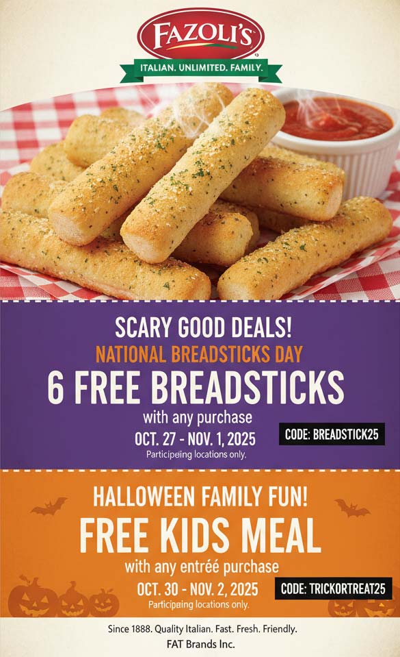 Fazolis Free breadsticks with your order at Fazolis restaurants via promo code BREADSTICK25 #fazolis  Fazolis restaurants Coupon  Free breadsticks with your order at Fazolis restaurants via promo code BREADSTICK25 #fazolis