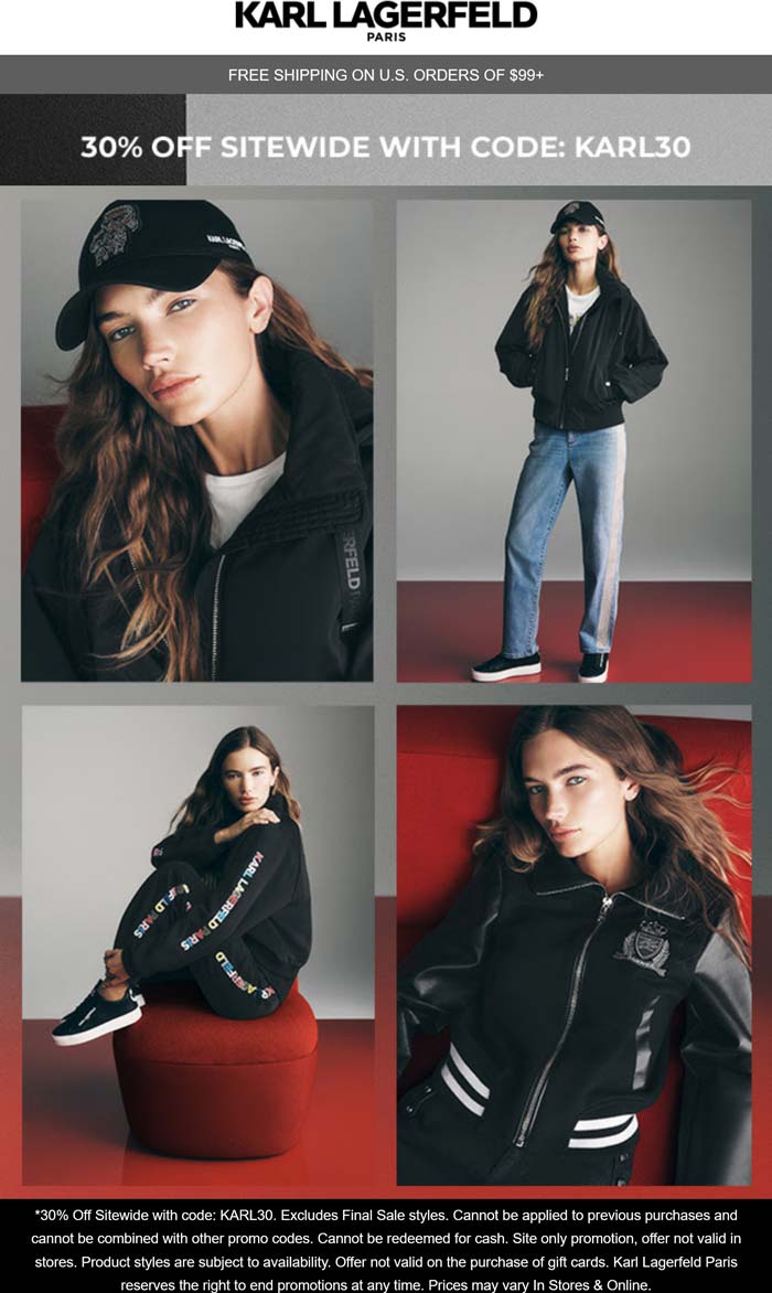 Karl Lagerfeld 30% off everything online at Karl Lagerfeld via promo code KARL30 #karllagerfeld  Karl Lagerfeld stores Coupon  30% off everything online at Karl Lagerfeld via promo code KARL30 #karllagerfeld