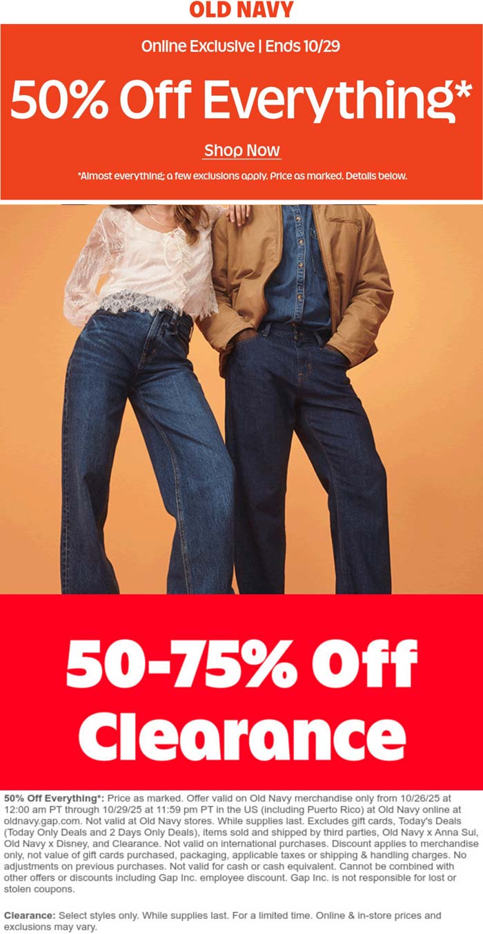 Old Navy 50% off everything & more online today at Old Navy #oldnavy  Old Navy stores Coupon  50% off everything & more online today at Old Navy #oldnavy
