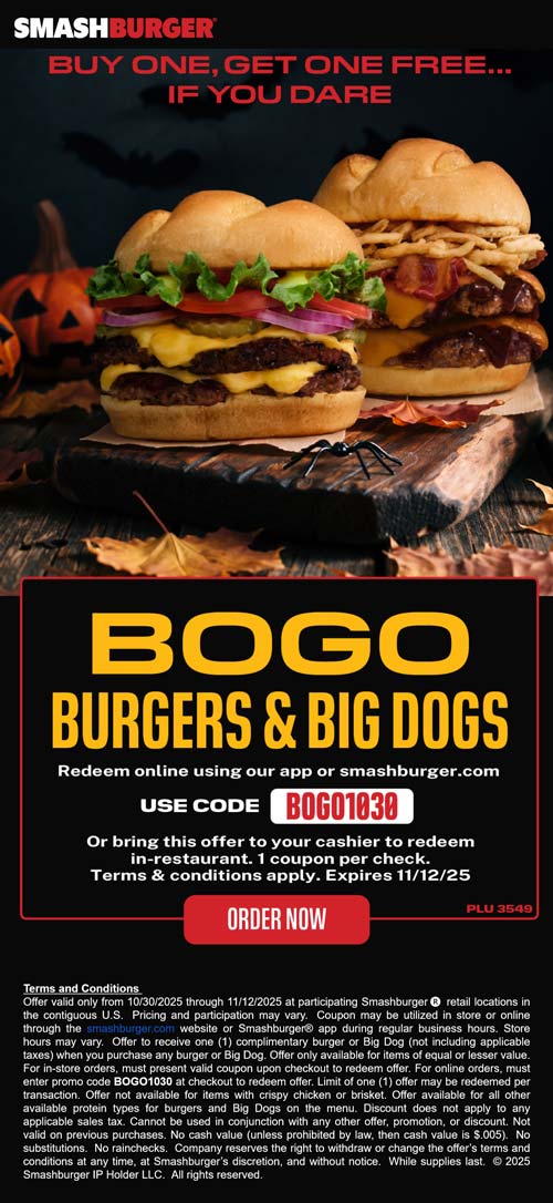 Smashburger Second cheeseburger free at Smashburger via promo code BOGO1030 #smashburger  Smashburger restaurants Coupon  Second cheeseburger free at Smashburger via promo code BOGO1030 #smashburger