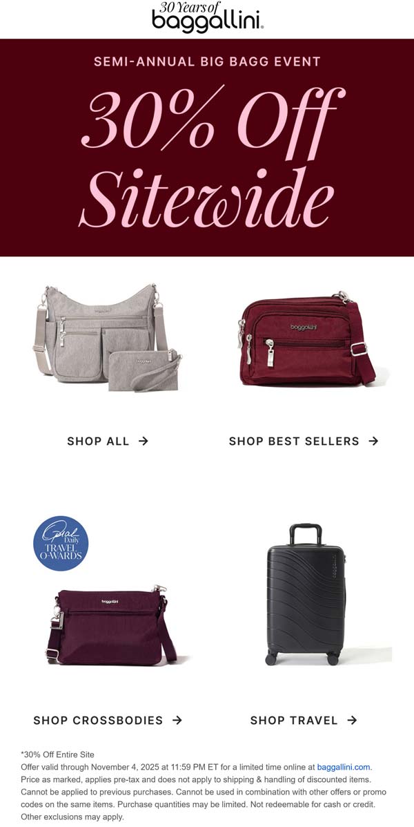 Baggallini stores Coupon  30% off everything online at Baggallini #baggallini 