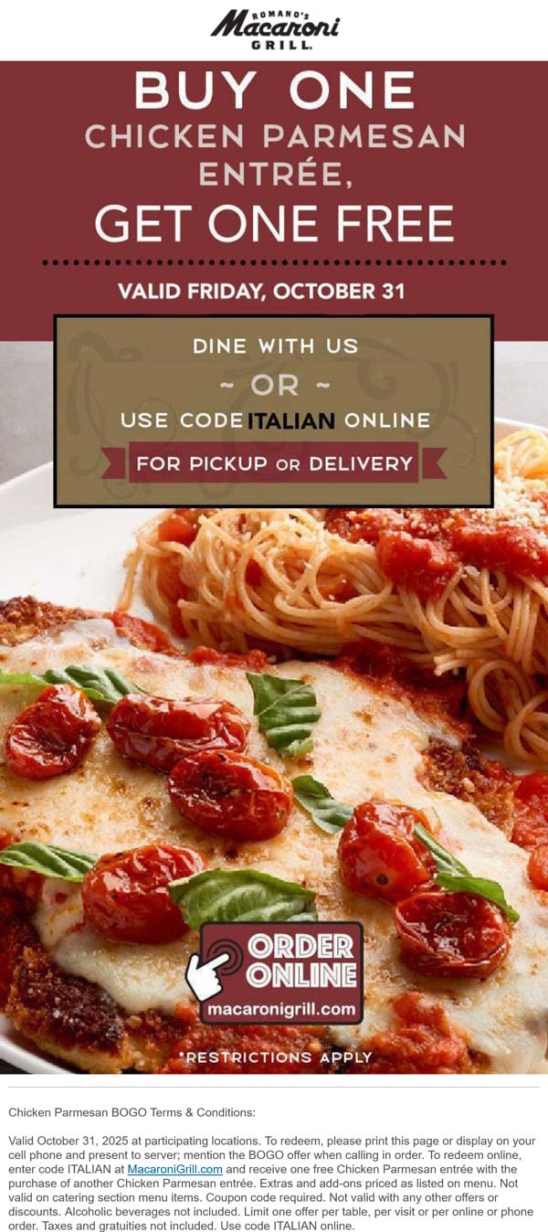 Macaroni Grill coupons & promo code for November 2025
