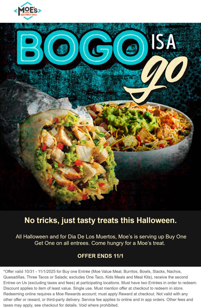 Moes Southwest Grill restaurants Coupon  Second entree free at Moes Southwest Grill #moessouthwestgrill 