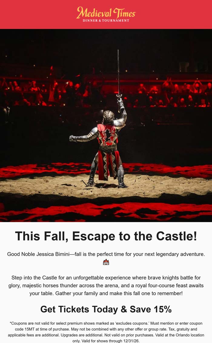 Medieval Times restaurants Coupon  15% off at Medieval Times Dinner & Tournament via promo code 15MT #medievaltimes 