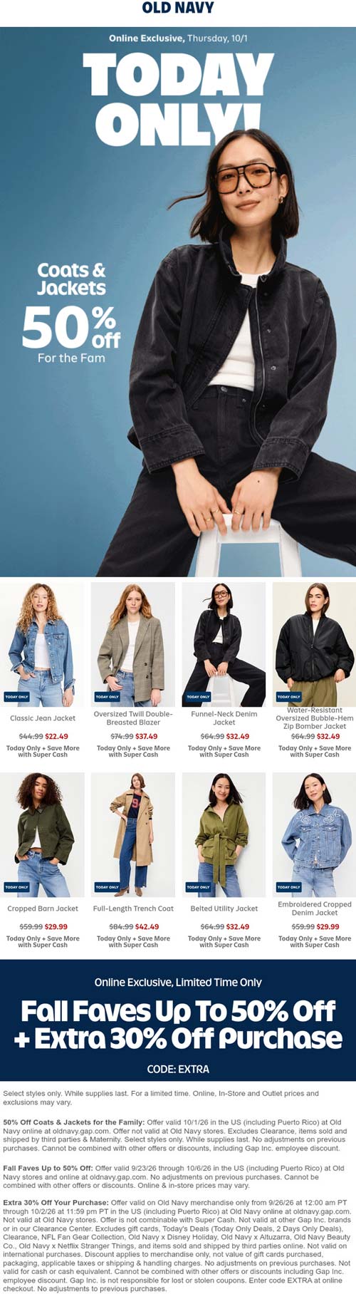 Old Navy stores Coupon  50% off coats & jackets online today at Old Navy #oldnavy 