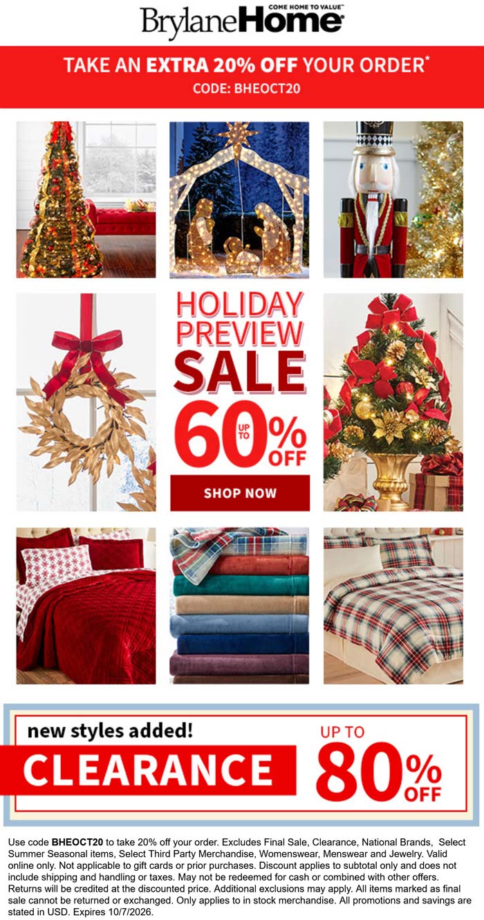 BrylaneHome stores Coupon  Extra 20% off at BrylaneHome via promo code BHEOCT20 #brylanehome 