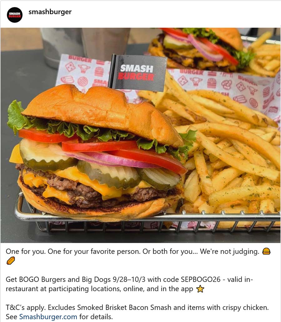 Smashburger restaurants Coupon  Second cheeseburger free at Smashburger via promo code SEPBOGO26 #smashburger 
