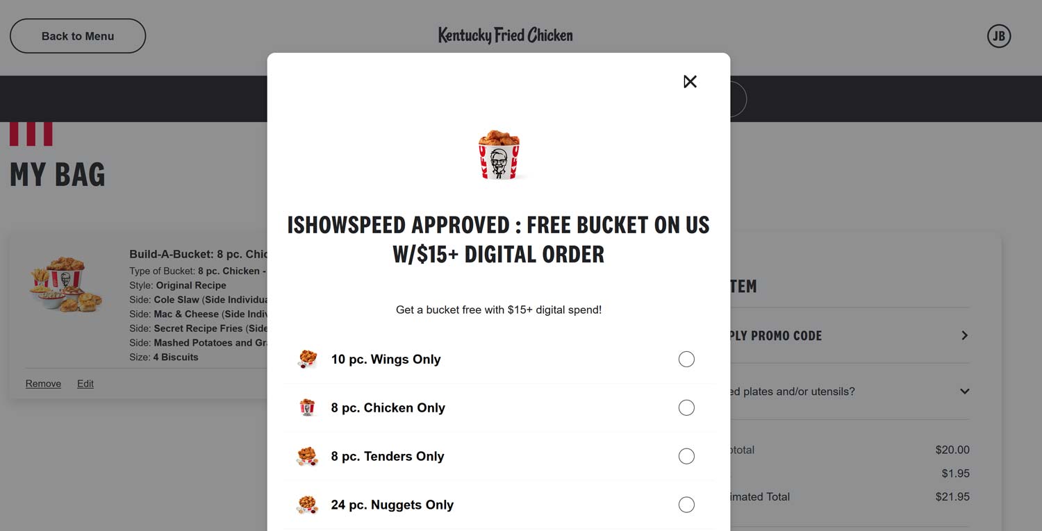 KFC restaurants Coupon  Free bucket of chicken on $15+ at KFC via promo code KFSPEED #kfc 