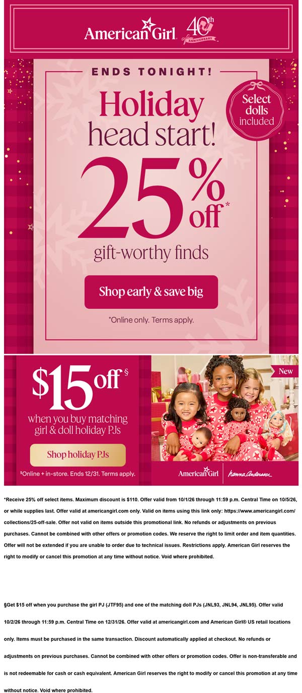 American Girl stores Coupon  25% off & more online today at American Girl dolls #americangirl 