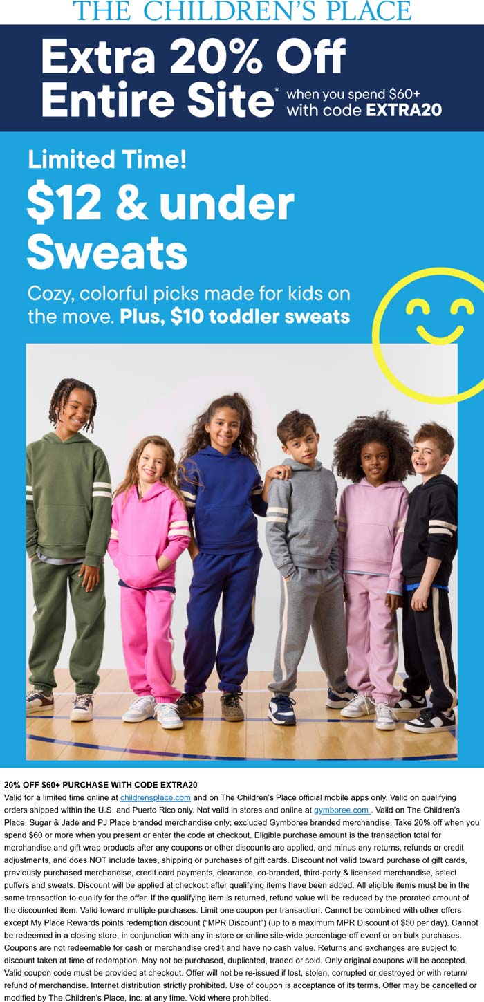 The Childrens Place stores Coupon  Extra 20% off $60+ on everything online at The Childrens Place via promo code EXTRA20 #thechildrensplace 