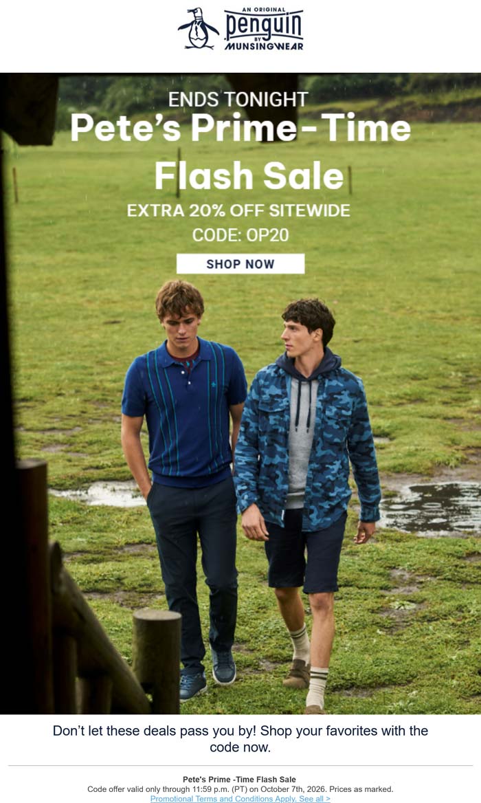 Original Penguin stores Coupon  Extra 20% off everything online today at Original Penguin via promo code OP20 #originalpenguin 