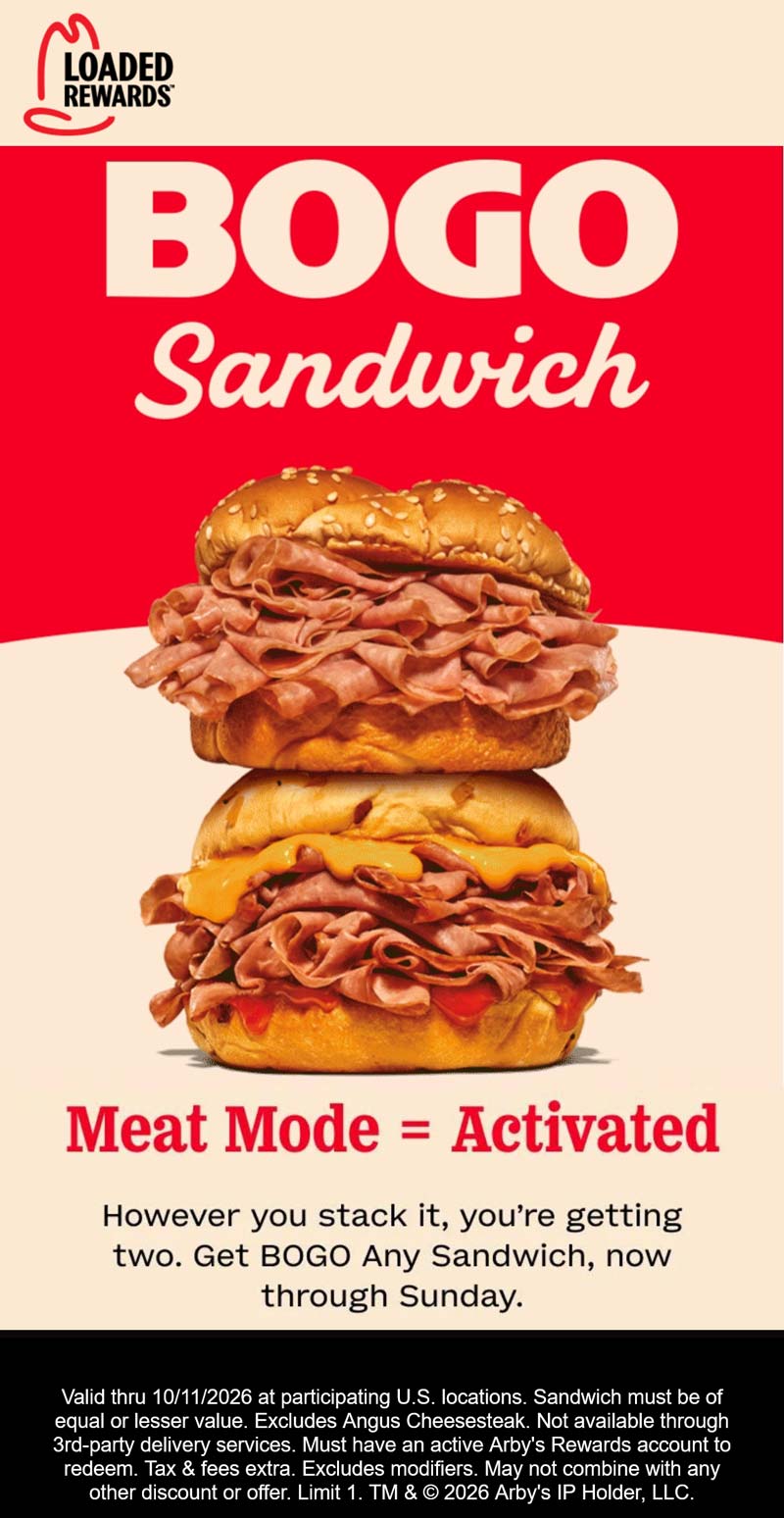 Arbys Second sandwich free at Arbys #arbys Arbys restaurants Coupon Second sandwich free at Arbys #arbys