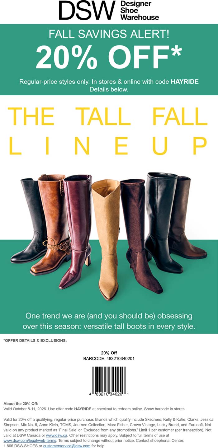 DSW stores Coupon  20% off at DSW, or online via promo code HAYRIDE #dsw 