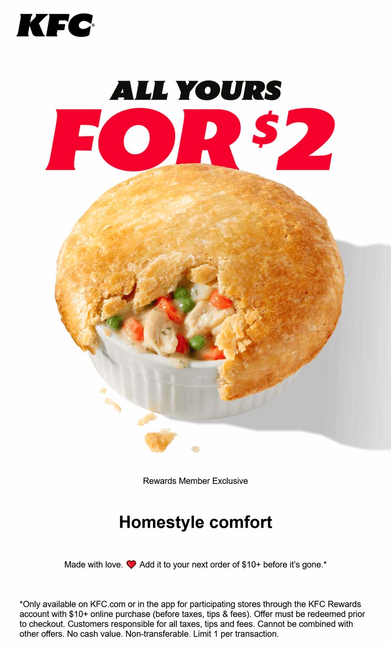 KFC restaurants Coupon  $2 pot pie via login at KFC restaurants #kfc 