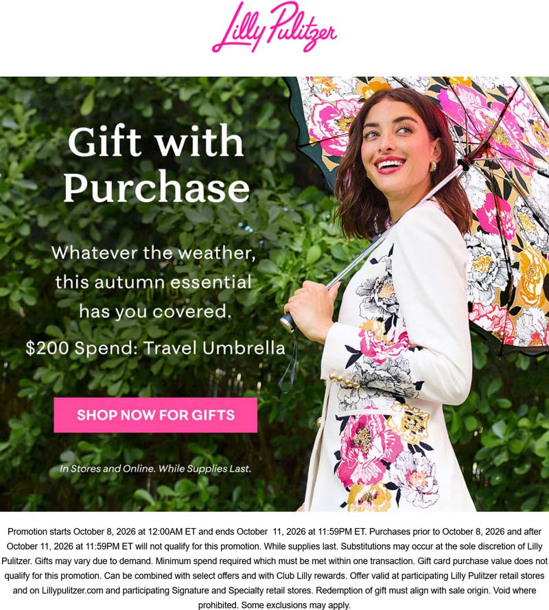 Lilly Pulitzer stores Coupon  Free travel umbrella on $200 at Lilly Pulitzer, ditto online #lillypulitzer 