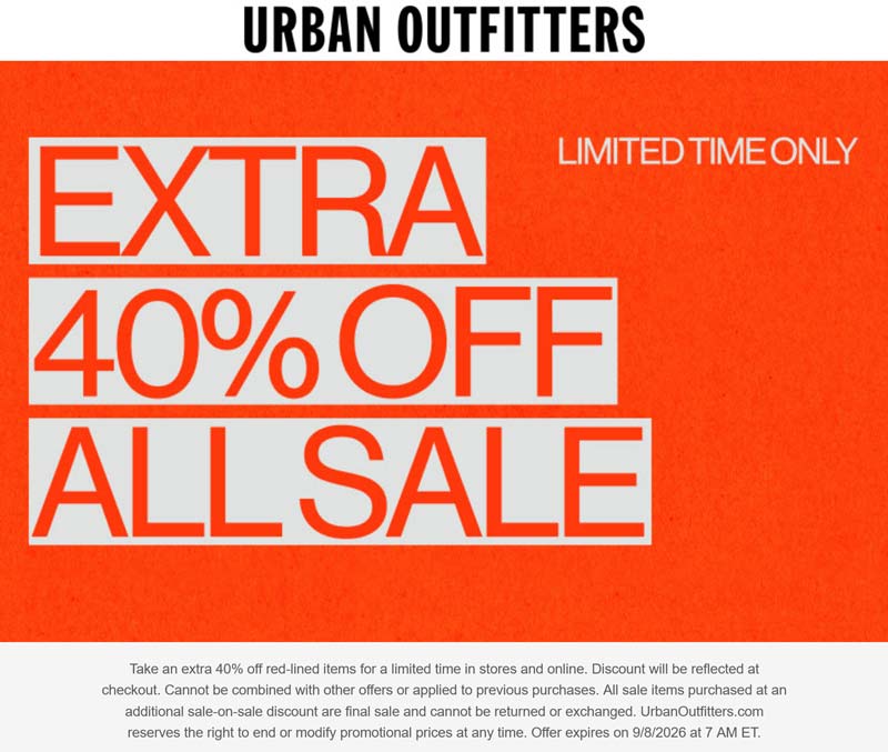 Urban Outfitters stores Coupon  Extra 40% off sale items at Urban Outfitters #urbanoutfitters 