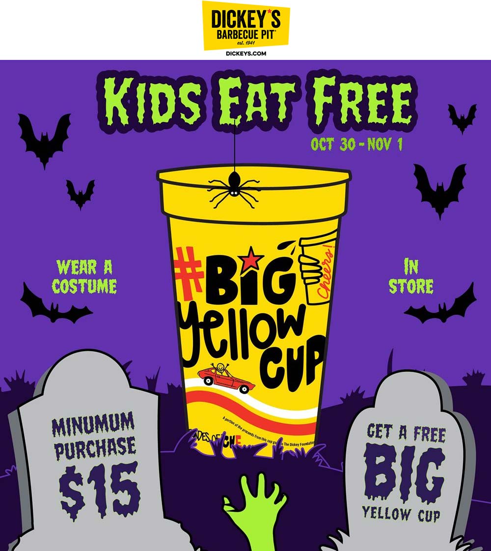 Dickeys Barbecue Pit restaurants Coupon  Kids eat free halloween weekend at Dickeys Barbecue Pit #dickeysbarbecuepit 