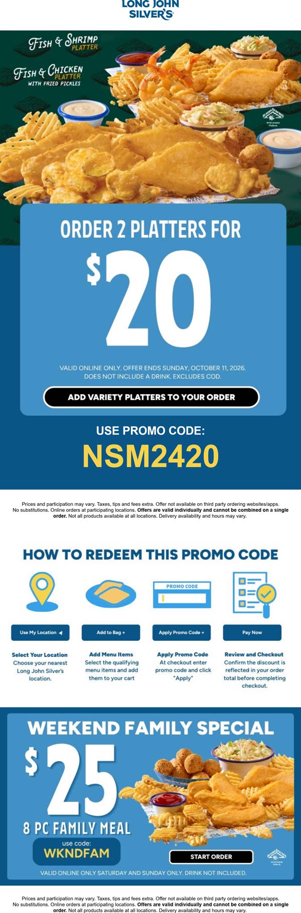 Long John Silvers stores Coupon  2 variety platters = $20 & more at Long John Silvers via promo code NSM2420 #longjohnsilvers 