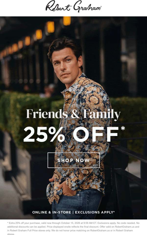 Robert Graham stores Coupon  25% off at Robert Graham, ditto online #robertgraham 