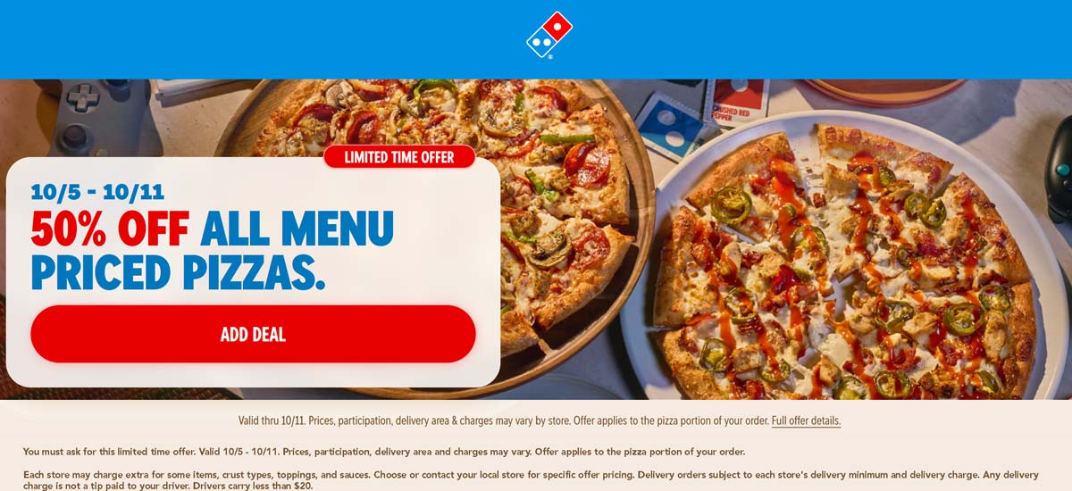 Dominos restaurants Coupon  50% off pizza today at Dominos #dominos 