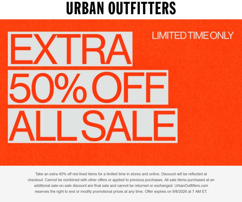 Urban Outfitters stores Coupon  Extra 50% off sale items at Urban Outfitters #urbanoutfitters 