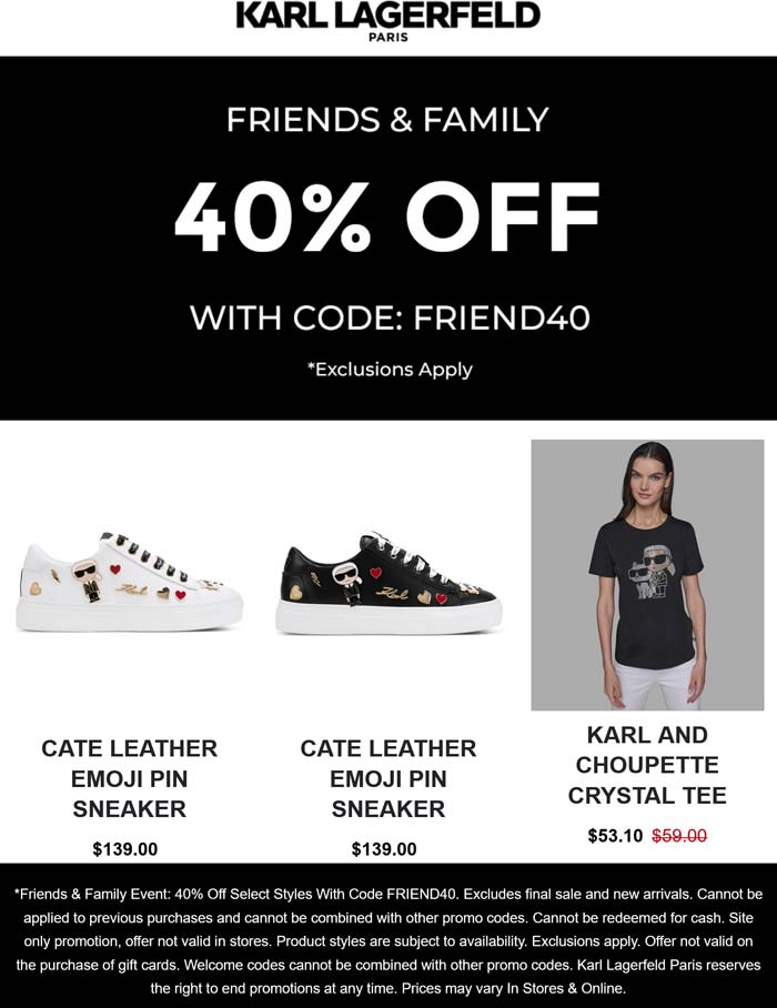 Karl Lagerfeld stores Coupon  Extra 40% off at Karl Lagerfeld via promo code FRIEND40 #karllagerfeld 