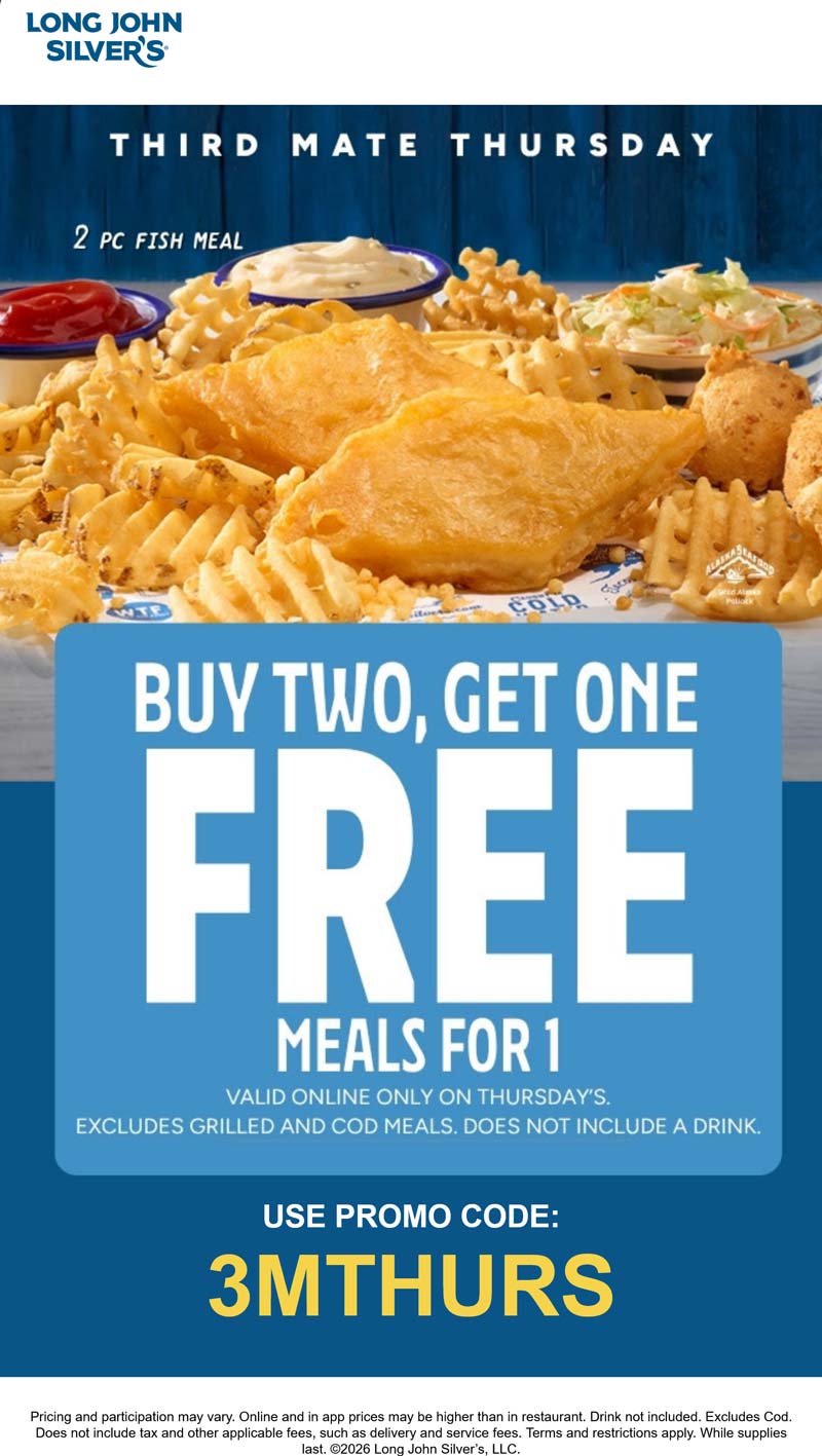 Long John Silvers restaurants Coupon  Third meal free today at Long John Silvers via promo code 3MTHURS #longjohnsilvers 