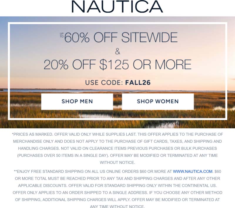 Nautica stores Coupon  60% off everything & more at Nautica via promo code FALL26 #nautica 