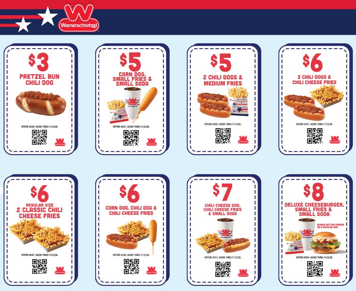 Wienerschnitzel restaurants Coupon  2 chili dogs + fries = $5 & more at Wienerschnitzel restaurants #wienerschnitzel 