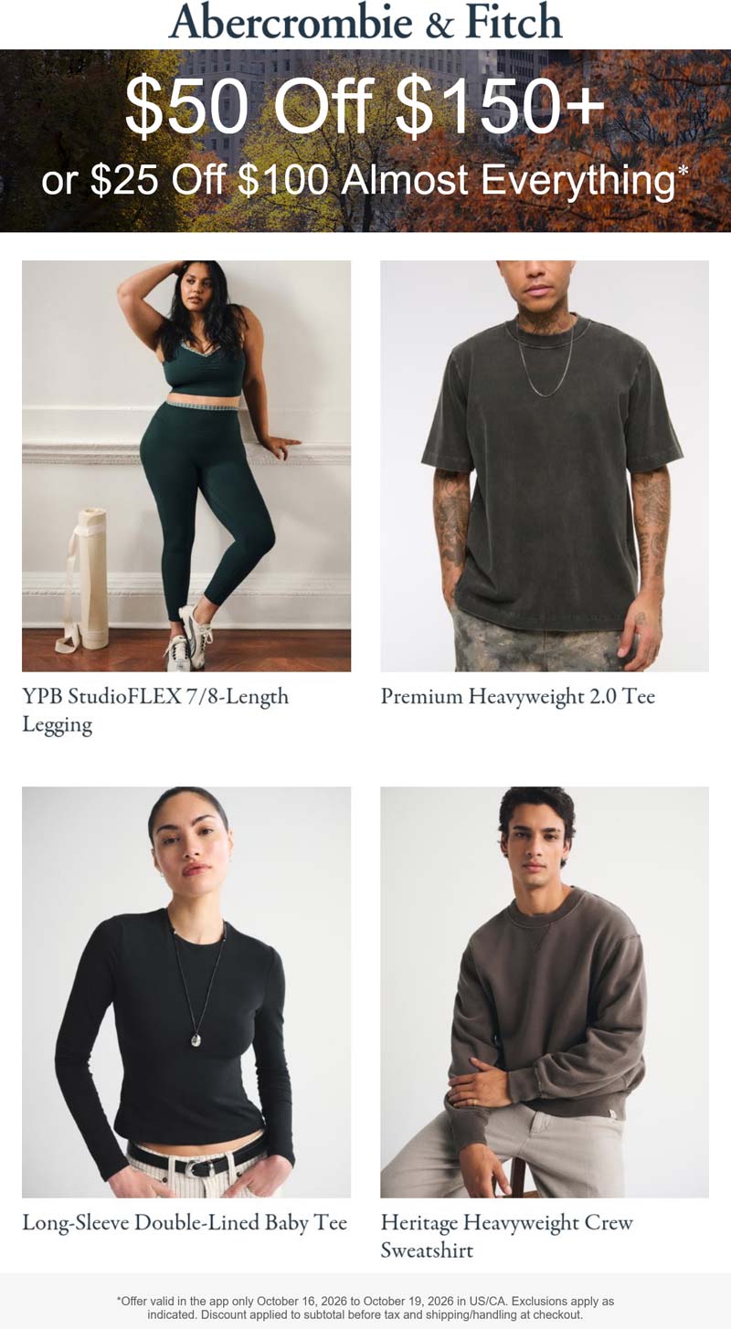 Abercrombie & Fitch stores Coupon  $25-$50 off $100+ today at Abercrombie & Fitch #abercrombiefitch 