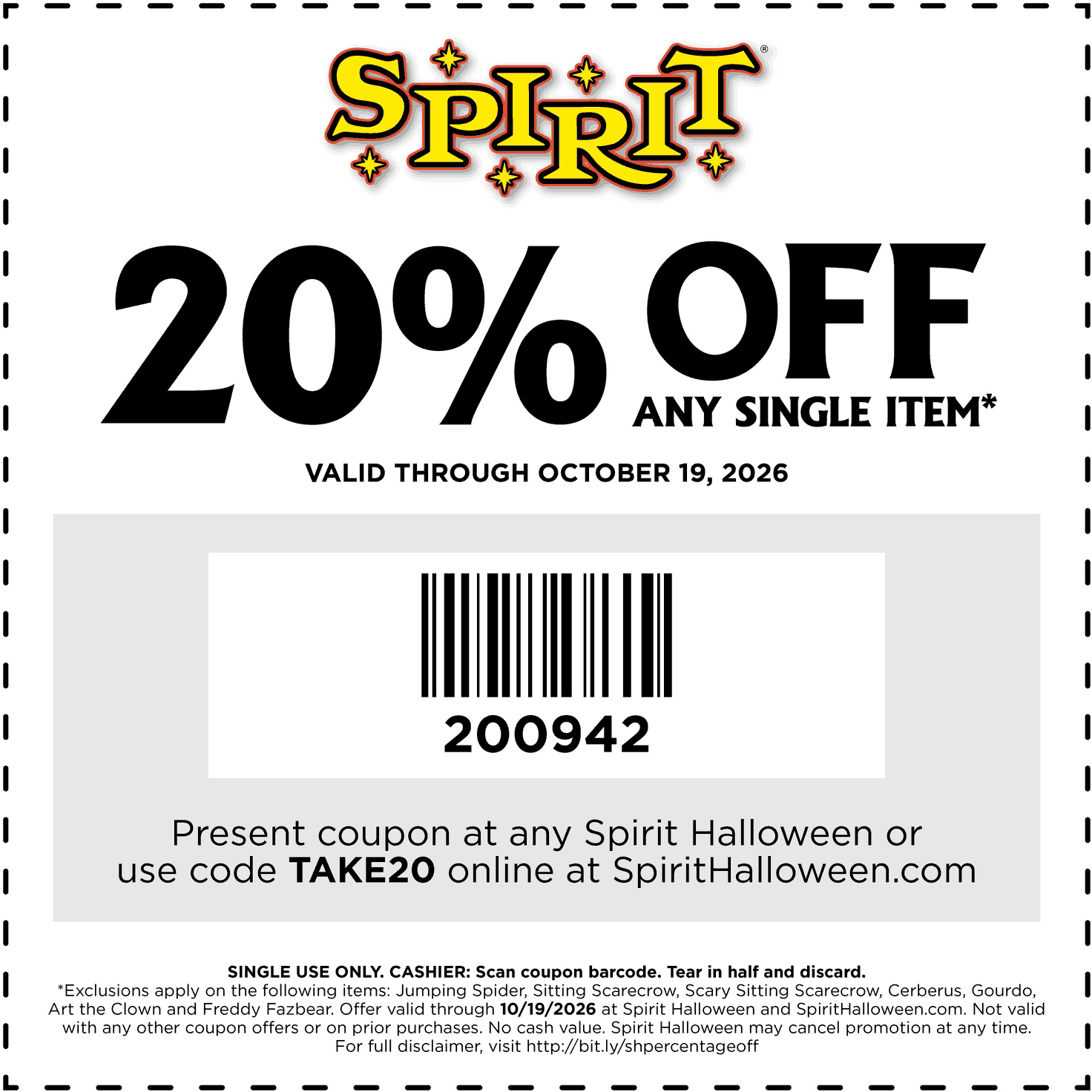 Spirit Halloween stores Coupon  20% off a single item at Spirit Halloween, or online via promo code TAKE20 #spirithalloween 