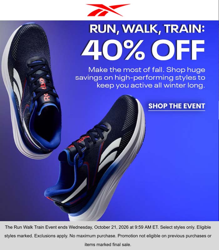 Reebok 40% off at Reebok #reebok Reebok stores Coupon 40% off at Reebok #reebok