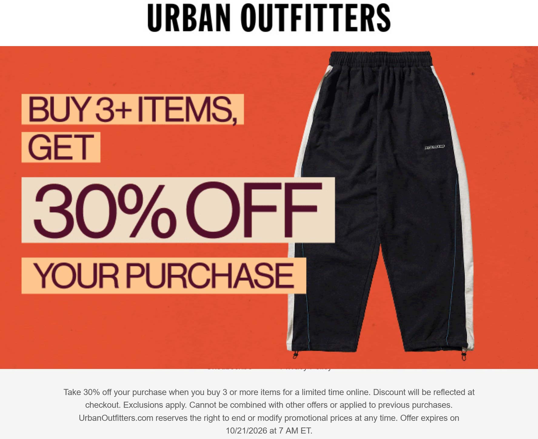Urban Outfitters stores Coupon  30% off 3+ items today at Urban Outfitters #urbanoutfitters 