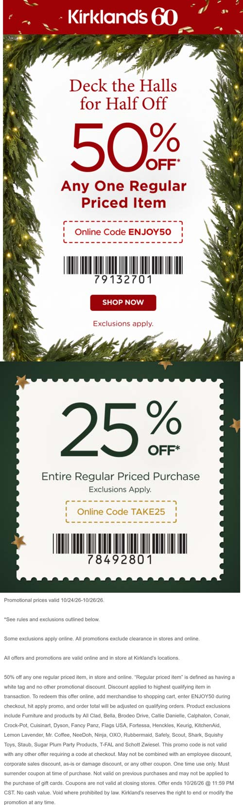 Kirklands stores Coupon  25-50% off at Kirklands, or online via promo code ENJOY50 #kirklands 