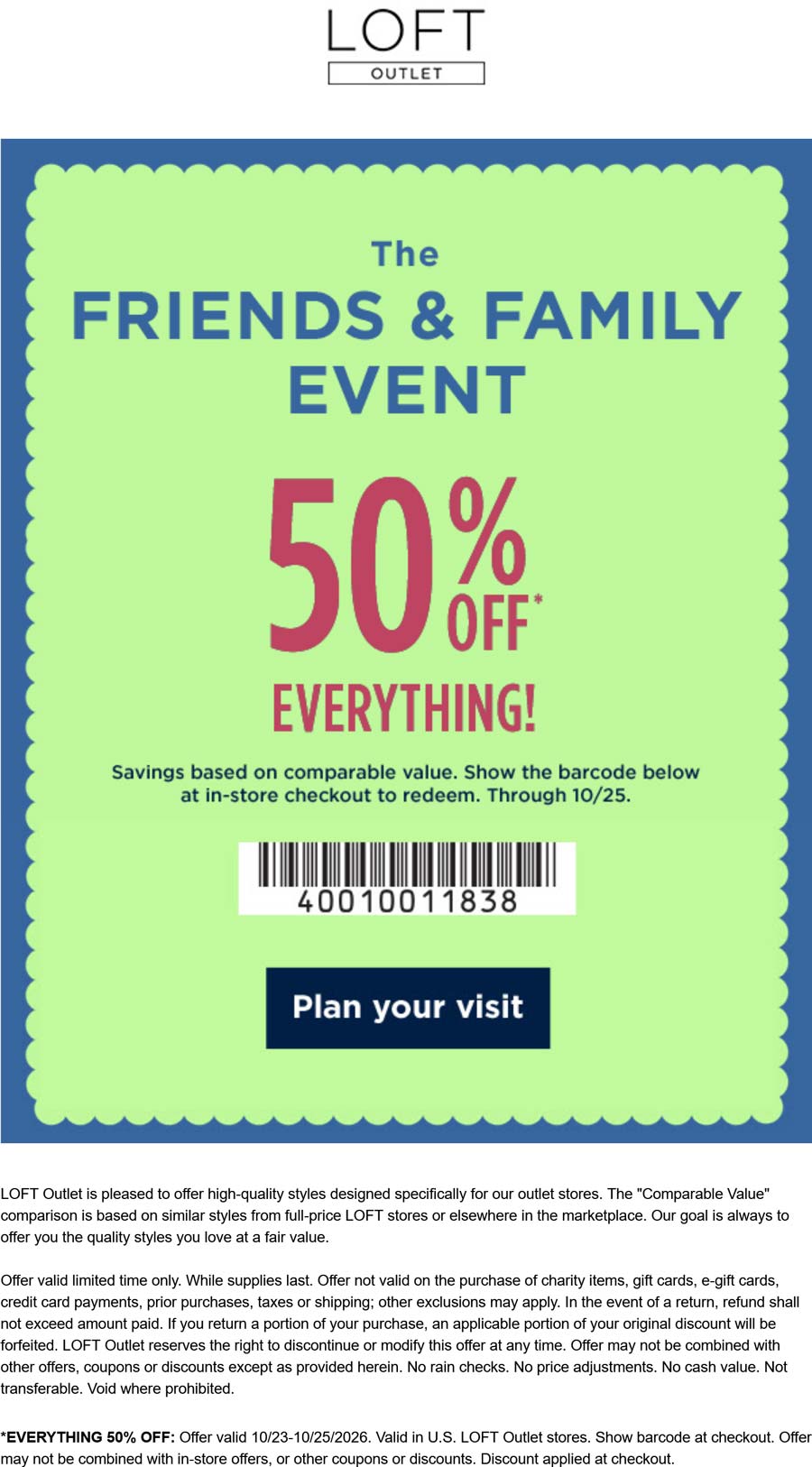 LOFT Outlet stores Coupon  50% off everything at LOFT Outlet, ditto online #loftoutlet 