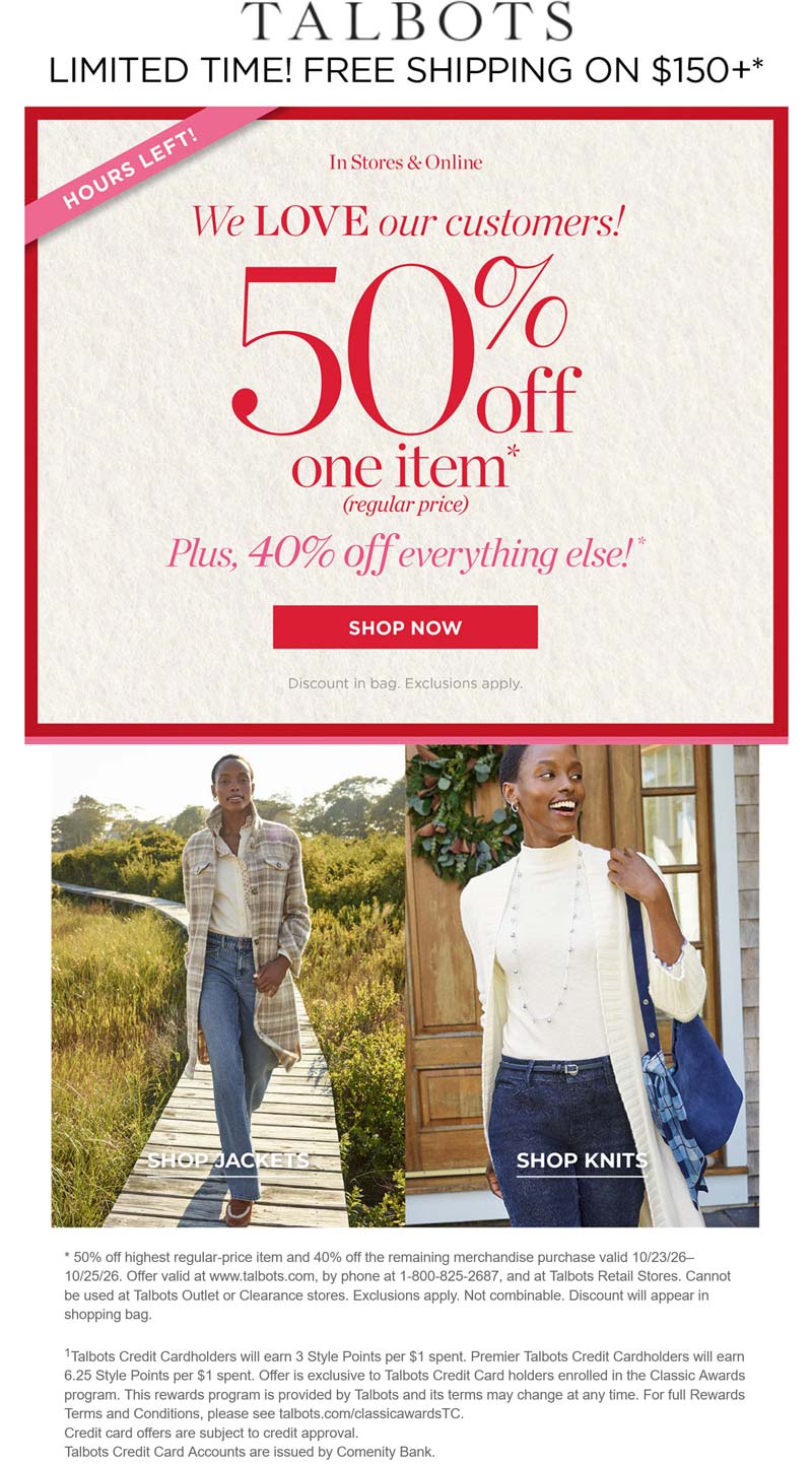 50% off a single item today at Talbots, ditto online