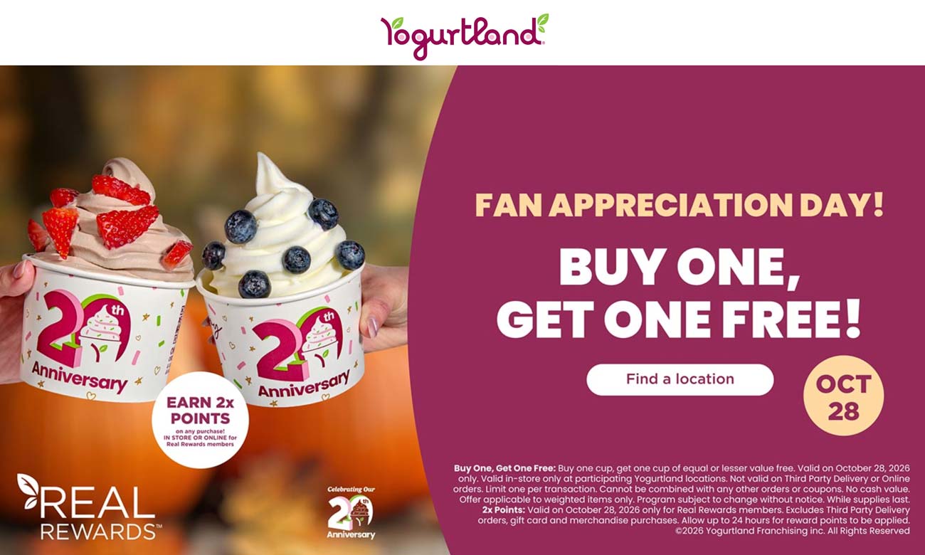 Yogurtland restaurants Coupon  Second frozen yogurt free Wednesday at Yogurtland #yogurtland 