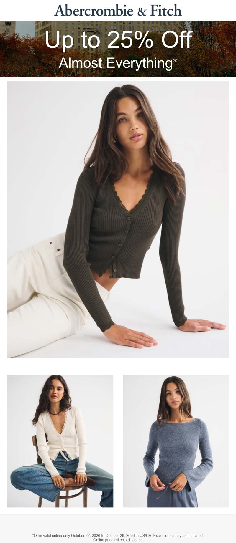 Abercrombie & Fitch coupon: 15-25% off online today at Abercrombie & Fitch